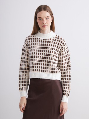 Lc Waikiki Yeni Sezon Dik Yaka Desenli Crop Kadın Triko Kazak