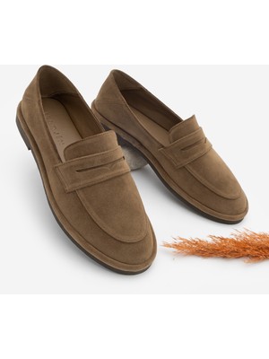 Marjin Kadın Loafer Düz Taban Makosen Günlük Ayakkabı Riston Taba Süet