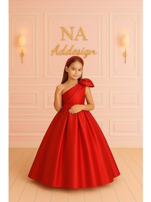 Tek Omuz Fiyonk Detaylı Lüks Saten Çocuk Abiye Elbise- 6 Renk Seçeneği