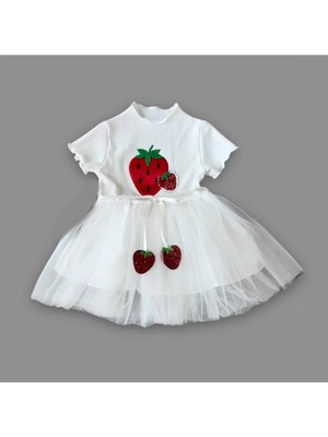 1-2-3 Yaş Payetli Çilek Baskılı Çilek Kuşaklı Kız Bebek Elbisesi