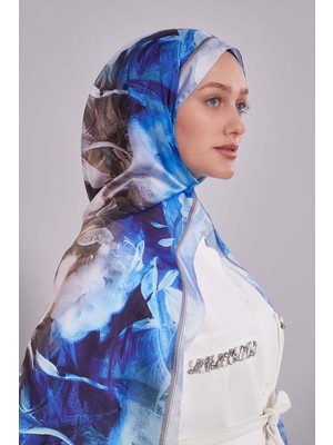 Bebe Mavisi Karışık Yaprak Desen Hint Ipeği Şal