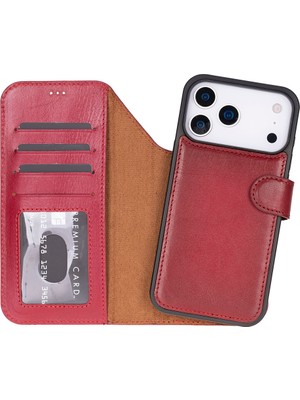 Apple iPhone 17 Pro Için, Hakiki Deri, El Yapımı Cüzdanlı Kılıf, Magsafe ile Uyumlu, Iç Yüzeyi Kadife, Kırmızı