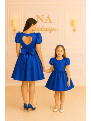 Anne Kız Sırtı Kalp Detaylı Saten Elbise (Sepete Ayrı Eklenmelidir Fiyatları Ayrıdır)