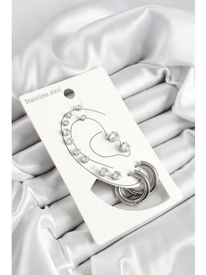 316L Çelik Halka Figürlü ve Zirkon Taşlı Gümüş Renk 7'li Çift Kadın Küpe Set