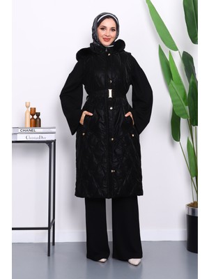 İmaj Butik Siyah Kürk Detaylı Kapşonlu Uzun Yelek