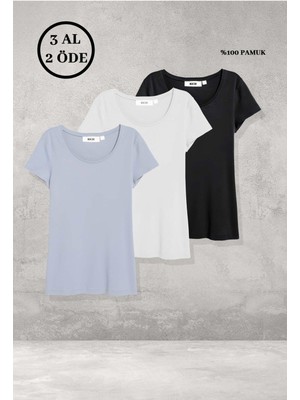 Kadın 3'lü Paket Kısa Kollu Tişört %100 Pamuklu