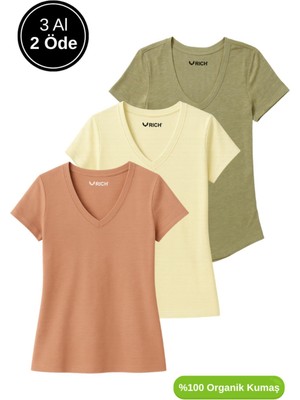 Kadın 3'lü Paket Haki-Sarı-Kahverengi %100 Organik Pamuk Normal Kesim Tişört V Yaka T-Shirt