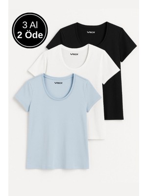 Kadın %100 Pamuk 3'lü Paket Kısa Kollu Yuvarlak Yaka Tişört