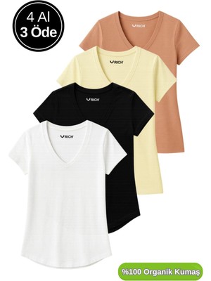 Kadın 4'lü Paket Siyah-Beyaz-Sarı-Kahverengi %100 Organik Pamuk Tişört V Yaka T-Shirt