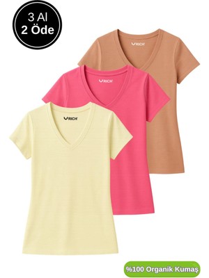 Kadın 3'lü Paket Kahverengi-Sarı-Pembe %100 Organik Pamuk Normal Kesim Tişört V Yaka T-Shirt