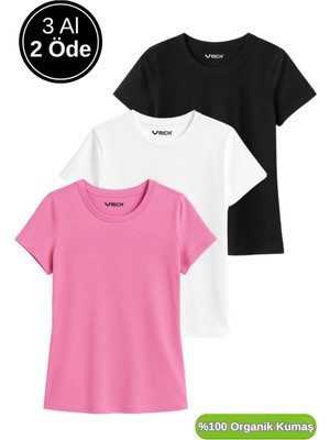 Kadın 3'lü Paket Siyah-Beyaz-Pembe %100 Organik Pamuk Normal Kesim Tişört Bisiklet Yaka T-Shirt