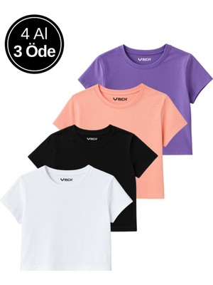 Kadın 4'lü Paket Oversize Crop Tişört %100 Pamuk Bisiklet Yaka T-Shirt