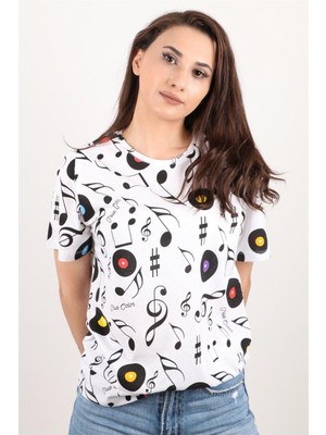 Kadın Baskılı Bisiklet Yaka Oversize T-Shirt