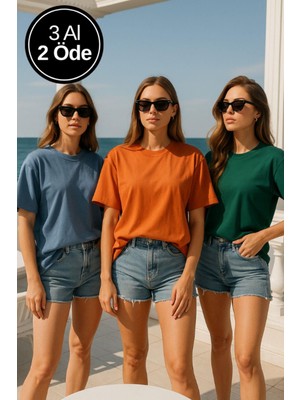 Kadın 3'lü Paket Mavi-Yeşil-Turuncu %100 Pamuk Oversize Basic Tişört Bisiklet Yaka Relaxed T-Shirt