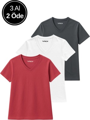 Kadın 3'lü Paket Antrasit-Beyaz-Pembe Oversize Tişört %100 Pamuk V Yaka T-Shirt