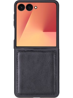 Samsung Galaxy Z Flip7 Uyumlu, Hakiki Deri, El Yapımı Arka Kapak Kömür Siyah