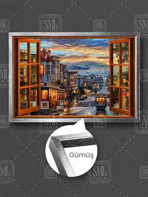 Açılan Pencere Nostaljik Tramvay Gün Batımı Deniz Manzarası Çerçeveli Yatay Kanvas Tablo