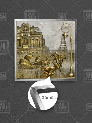 Sokak Lambası Dans Eden Romantik Aşıklar Rölyef Gold Dekor Çerçeveli Kare Kanvas Tablo