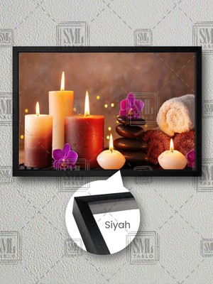 Siyah Zen Taşları Pembe Orkide Yanan Mumlar Havlu Masaj Salonu Çerçeveli Yatay Kanvas Tablo