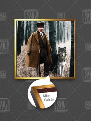 Mustafa Kemal Atatürk ve Ormanda Asil Kurt Bozkurt Çerçeveli Kare Kanvas Tablo