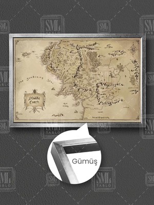 Yüzüklerin Efendisi Orta Dünya Haritası Middle Earth Eski Harita Çerçeveli Yatay Kanvas Tablo
