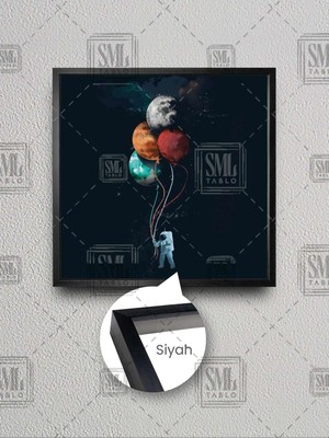 Renkli Balon Gezegenler Iple Gezegenleri Tutan Astronot Çerçeveli Kare Kanvas Tablo