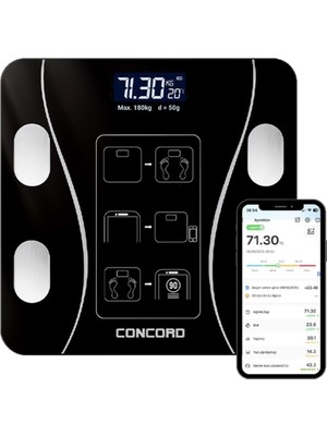 Concord C-W01 Dijital Akıllı Bluetooth Baskül - Siyah - Pil Hediyelidir