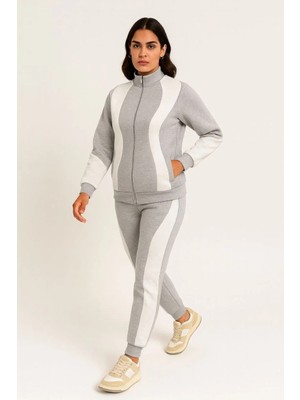 Kadın Premium Parçalı Eşofman Takım - Dik Yaka Fermuarlı Sweatshirt - Gri