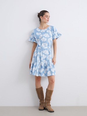 Lc Waikiki Yeni Sezon Bisiklet Yaka Çiçekli Fırfırlı Jean Elbise