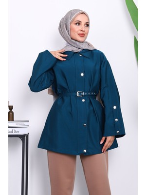 İmaj Butik Petrol Mavisi Çıtçıt Düğmeli Fermuarlı Tunik