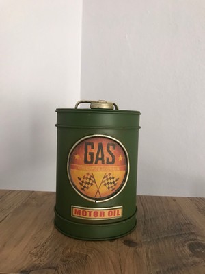 Dekoratif Metal Eskitme Yakıt Bidonu Kumbaralı Asker Yeşili Silindir Tip