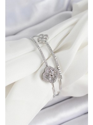 Pirinç Gümüş Renk Zirkon Taşlı Yonca Model 2'li Kadın Bileklik