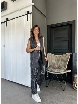 Kumaş Takım Keten Kaplama Yelek Pantolon Takım Siyah