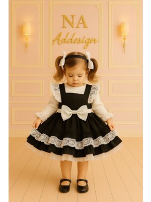 Kız Çocuk Siyah Beyaz Vintage Dantel Detaylı Abiye – Özel Gün ve Parti Elbisesi