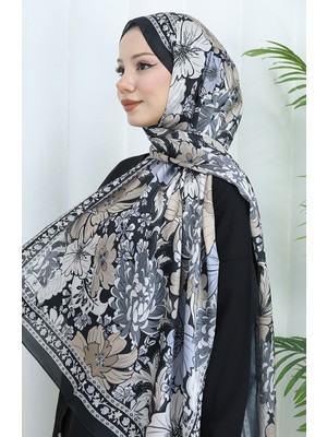 Şanzelize Çiçek Desenli Şal 70319-13 Siyah Vizon