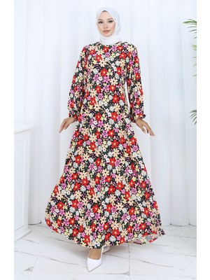 Desenli Penye Elbise 2135F-01 Pembe Kırmızı