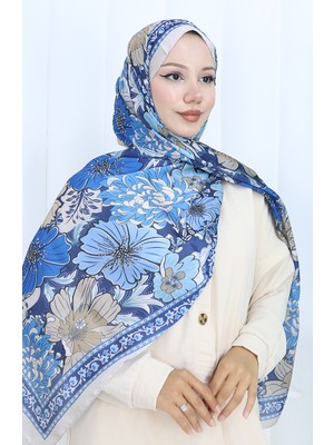 Şanzelize Çiçek Desenli Şal 70319-06 Bej Lacivert