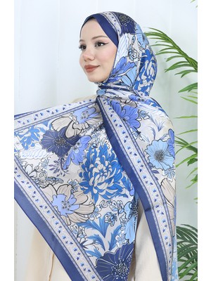 Şanzelize Çiçek Desenli Şal 70319-05 Lacivert Mavi