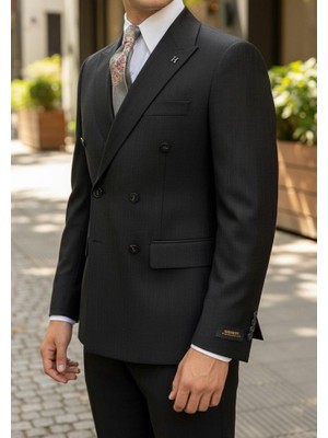 HERMOSE Signature | Onyx Siyah Çizgili Kruvaze Takım Elbise