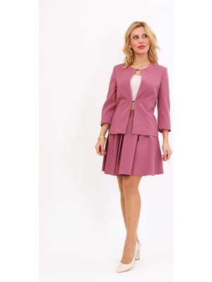 Sıfır Yaka Düz Kısa Ceket &  Kısa Kloş Etek-Rose