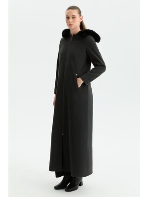 Günay Kraca Kışlık Kaşe Kadın Pardesü Kloş A Kesim Fermuarlı Gri 2601