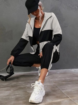 Kadın Uzun Kollu Kapşonlu Önden Fermuarlı Viskon Iki Iplik Bluz ve Pantolon Ikili Takım