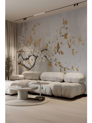 Beyaz Çiçek ve Altın Yaprak Desenli Tekstil Duvar Kağıdı