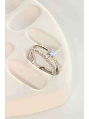 Leo'Stone Tasarım Yıldız Model Ayarlanabilir Kadın Yüzük Zirkon Taşlı İnce Yarım Tur Gümüş Materyal