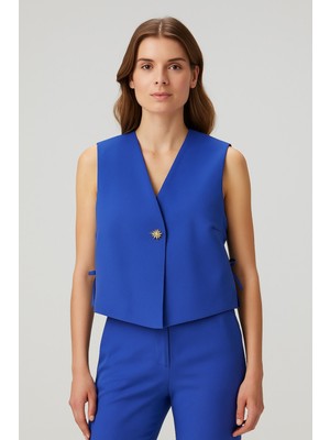 Şık Düğmeli Kuşaklı Dokuma Yelek