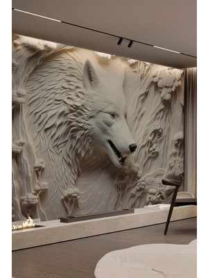 3D Kurt Portresi Krem Rengi Sanatsal Tekstil Duvar Kağıdı