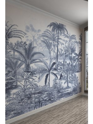 Siyah Beyaz Tropikal Orman Desenli Tekstil Duvar Kağıdı