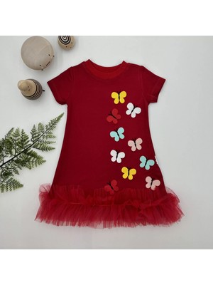 1-2-3 Yaş Renkli Kelebekler Nakışlı Eteği Fırfırlı Jile Çocuk Elbisesi