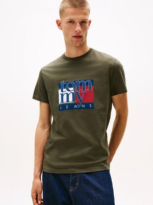 Tommy Hılfıger Erkek Marka Logolu Organik Pamuklu Bisiklet Yakalı Günlük Kullanıma Uygun Yeşil T-Shirt DM0DM21977 Mrh