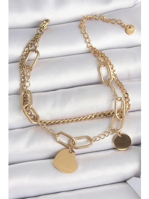 316L Çelik Gold Renk 2'li Zincir Model Sallantı Kalp Figür Kadın Bileklik